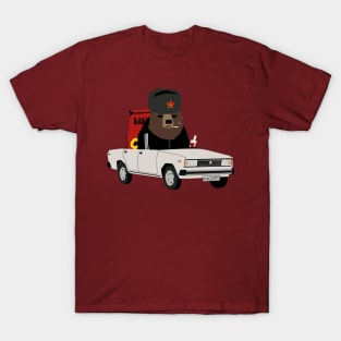 Gopnik Russian bear in the car on the road with sunflower seeds no text T-Shirt